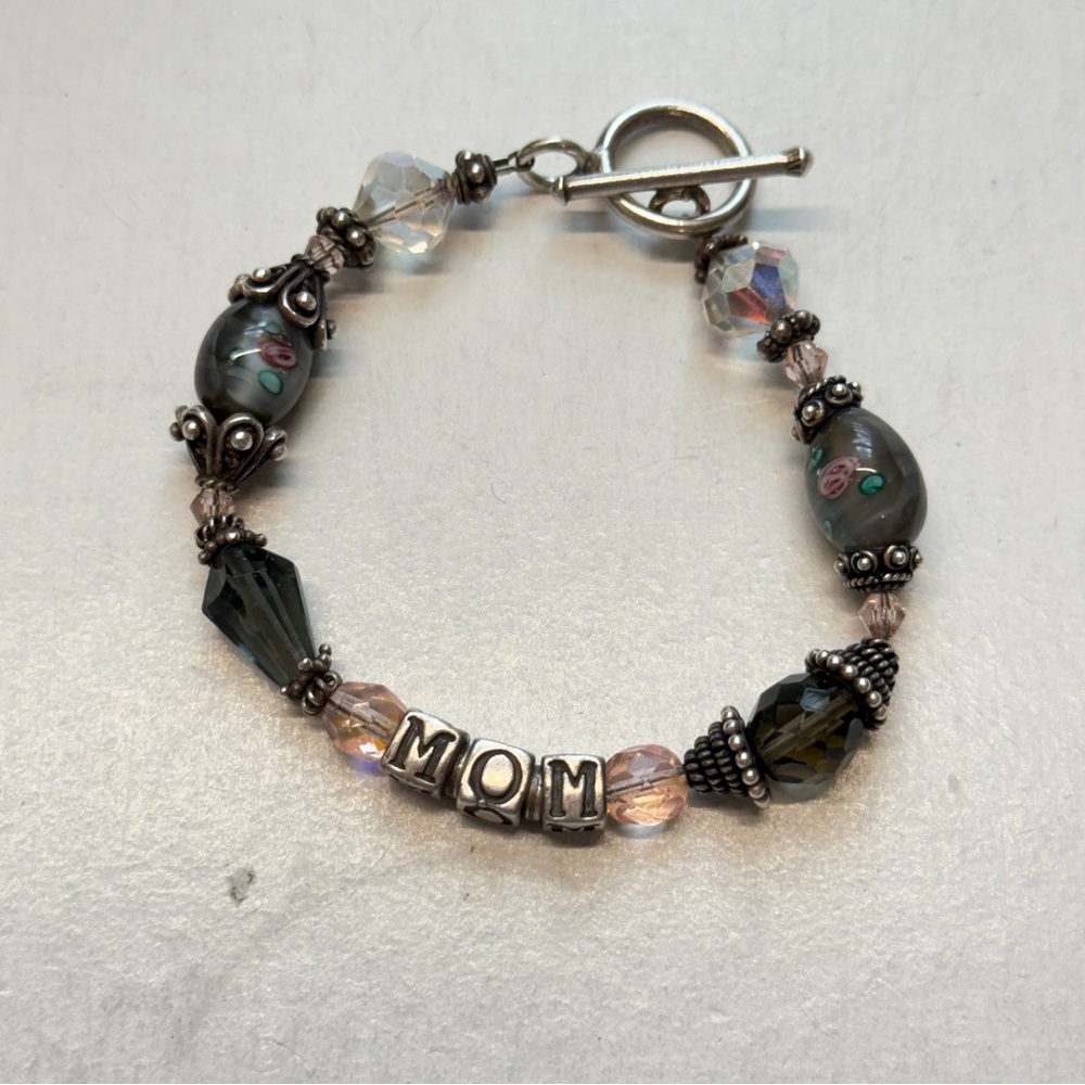 Czech Glass MOM Charm Bead Bracelet Sterling Silver 925 7.75" Pink AB Crystal